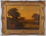 Landscape with fisherman on a riverbank by Walter Heath Williams, oil on canvas, sold Apr 2026