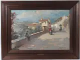 View of Spanish town with figures on a road by Alfredo Scocchera, oil on canvas, sold Apr 2026
