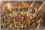 Circus with clowns and acrobats by Derek James Higginson, oil on canvas, sold Apr 2026