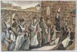 Women and children outside a chapel by Derek James Higginson, oil on canvas, sold Apr 2026