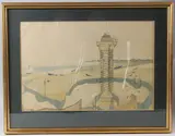 Harbour view with tower ink and wash drawing by Preston Goddard, ink and wash, sold Apr 2026
