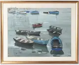 Moored boats off a beach by Jean Le Merdy, watercolour, sold Apr 2026
