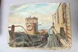 Fishing boats at Rock Ferry Pier by Gordon Arnold, watercolor, offered Apr 2026