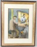 Figures at a bar pen by Jim McDonald, ink and watercolour, sold Apr 2026