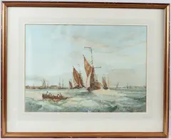 Hay barges in the Thames Estuary by Edward King Redmore, watercolour, offered Apr 2026