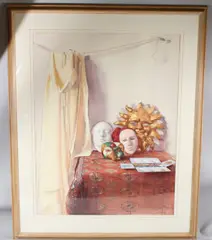 Still life with Venetian masks by Robbie Wraith, 1993, watercolour and pencil, sold Apr 2026