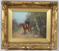 Gentleman on horseback greeting a lady at a garden gate by John Sanderson-Wells, oil on board, sold Mar 2026