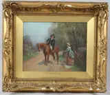 Gentleman on horseback greeting a lady at a garden gate by John Sanderson-Wells, oil on board, sold Mar 2026