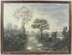 Figures on a tree lined path by George Weissbort, oil on board, sold Mar 2026