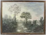 Figures on a tree lined path by George Weissbort, oil on board, sold Mar 2026