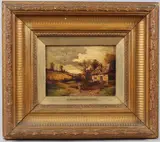Landscape with figure on a lane with cottage by Nils Hans Christiansen, oil on board, sold Mar 2026