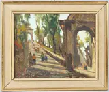 Figures mounting steps by Pino Pessina da Castenedo, oil on canvas, sold Mar 2026
