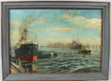 Port of Hamburg by Karl Müller, oil on board, sold Mar 2026