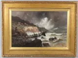 Coastal view with stormy sea and shipwreck by Eugenio Amus, oil on canvas, sold Mar 2026