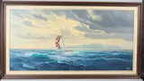 Seascape with yacht off a coastline by Denis John Hardy, oil on canvas, sold Mar 2026