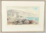 View of a coastal bay with children playing on rocks by George Weissbort, watercolour, offered Mar 2026