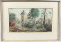 View of figures and buildings through trees by George Weissbort, watercolour, sold Mar 2026