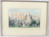 View of terraced buildings with figures and statue in a garden by George Weissbort, 1959, watercolour, sold Mar 2026