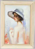 Portrait of a woman in a blue hat by Reza Samimi, oil on canvas, sold Mar 2026