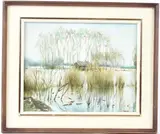 Lake view with trees and house by E Cherbina, 2002, oil on canvas, sold Mar 2026