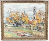 Autumn scene with trees and bell tower by Alexander Kuznetsov, oil on canvas, sold Mar 2026