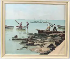 Fishermen on a shoreline possibly Mauritius by Maurice Ménardeau, oil on board, sold Mar 2026