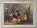 Still life of flowers in pots by Camilla Göbl, oil on canvas, sold Mar 2026
