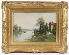 Riverbank scene by Maurice Levis, oil on canvas, sold Mar 2026