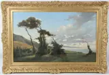 Coastal landscape with figure standing amongst trees by Ernest J Dumax, oil on canvas, offered Mar 2026
