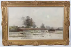 Marshland landscape by E. Lemaitre, oil on canvas, offered Mar 2026
