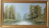 Woodland view with lake and silver birch trees by Paul Attfield, oil on canvas, offered Mar 2026