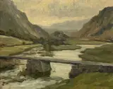 Part of the lower Gwynant Valley, Beddgelert by Walter Pemberton, 1956, oil on canvas, sold Jul 2024