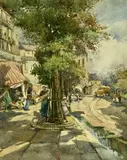 Watercolours - village street with figures and shop by Lillian Russell Bell, watercolor, sold Jul 2024