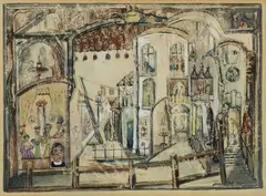 The Stage by Hendrik Lek, 1961, mixed media, sold Jul 2024