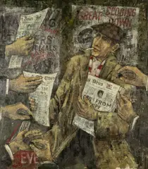 'News by Jonas Plosky, oil on board, sold Jul 2024