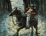 Cavalier dans un etang en Arizona by Andrew Vicari, oil on board, sold Jul 2024