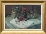 Wine and flowers by John Elwyn, 1940, oil on canvas, sold Jul 2024