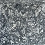 Large mixed media by Nick Evans, 1978, mixed media on board, sold Jul 2024