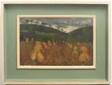 Cornfield under stormy skies by William Sinclair, oil on canvas, sold Nov 2025