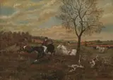 Full cry over a hedge by F. Huttlestone, 1906, oil on canvas, sold Nov 2025