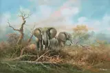 Elephants in an African landscape by J. Carley, oil on canvas, offered Nov 2025