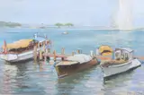 Moored motor boats on Lake Geneva by Erna Plachte, 1956, pastel, offered Nov 2025