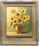 Still life of sunflowers in an orange vase by V. Kamper, oil on canvas, sold Nov 2025