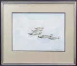 Hawker Hurricanes in flight by Wilf Plowman, 1989, watercolour, sold Nov 2025