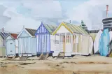 Beach Huts at Southend-on-Sea by Gwen Viney, 2008, watercolour, offered Nov 2025