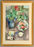 Still life study with flowers and artist's materials by Anthea Craigmyle, watercolour, sold Oct 2025