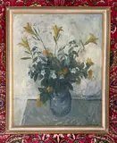 Still life of yellow lilies and other flowers in a blue vase by Dione Gervis, 1967, oil on board, sold Oct 2025