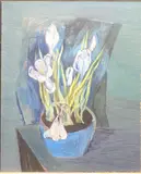 Still life of blue crocus by Rita Smith, oil on board, sold Aug 2025