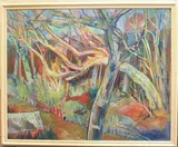 Trees in red and green by Rita Smith, oil on board, sold Aug 2025