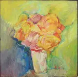 Still life of pink and orange roses in a by Rita Smith, oil on board, sold Aug 2025